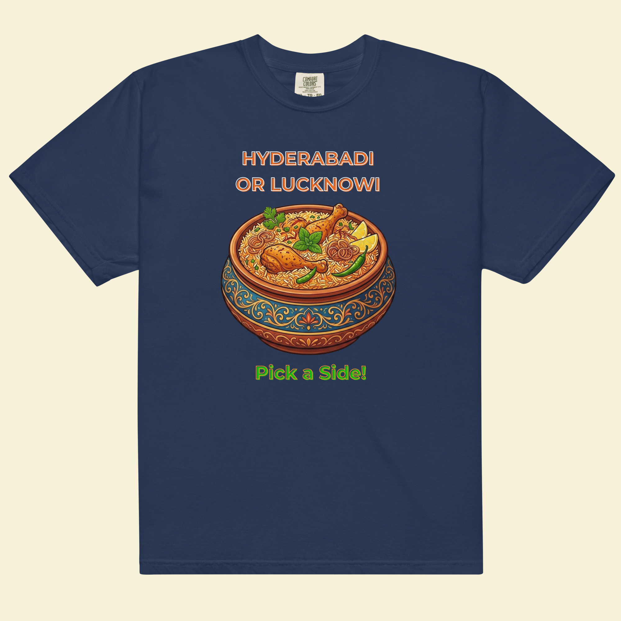 Hyderabadi or Lucknowi — The Biryani Debate Tee — Premium Heavyweight